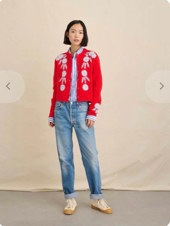 Alex Mill Sweaters - Alex Mill Red Cardigan with White Floral Embroidery